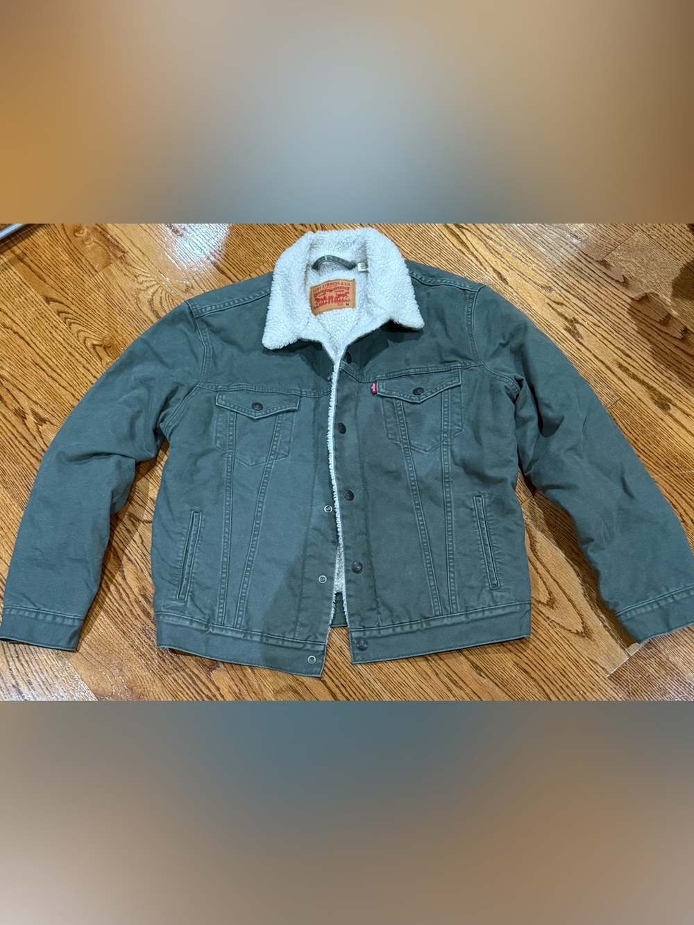 Levi's Olive Green Sherpa-Lined Trucker Jacket with White Lining